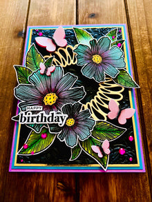 Two-toned Blue and Magenta Florals and Dimensional Vellum Butterflies Happy Birthday Card