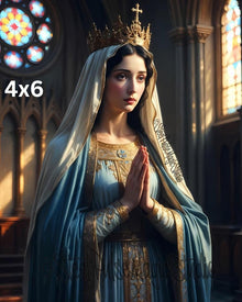 Crowned Virgin Queen | Sacred Blue Mantle Madonna | Golden Crown Prayer Portrait | Gothic Cathedral Religious Art Print | 2 Sizes