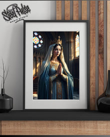 Crowned Virgin Queen | Sacred Blue Mantle Madonna | Golden Crown Prayer Portrait | Gothic Cathedral Religious Art Print | 2 Sizes