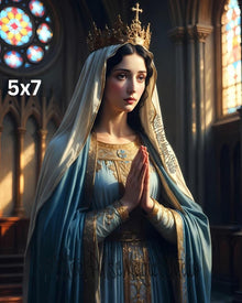 Crowned Virgin Queen | Sacred Blue Mantle Madonna | Golden Crown Prayer Portrait | Gothic Cathedral Religious Art Print | 2 Sizes