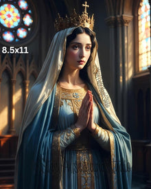 Crowned Virgin Queen | Sacred Blue Mantle Madonna | Golden Crown Prayer Portrait | Gothic Cathedral Religious Art Print | 2 Sizes