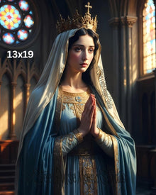 Crowned Virgin Queen | Sacred Blue Mantle Madonna | Golden Crown Prayer Portrait | Gothic Cathedral Religious Art Print | 2 Sizes