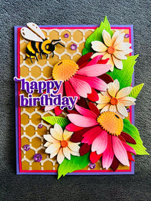 Magenta Coneflowers and Bee Happy Birthday Card