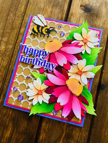 Magenta Coneflowers and Bee Happy Birthday Card