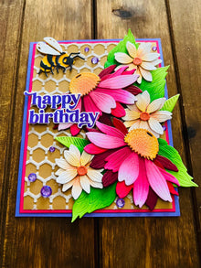 Magenta Coneflowers and Bee Happy Birthday Card