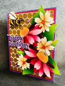 Magenta Coneflowers and Bee Happy Birthday Card