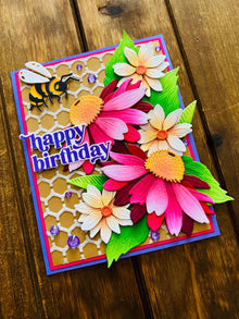 Magenta Coneflowers and Bee Happy Birthday Card