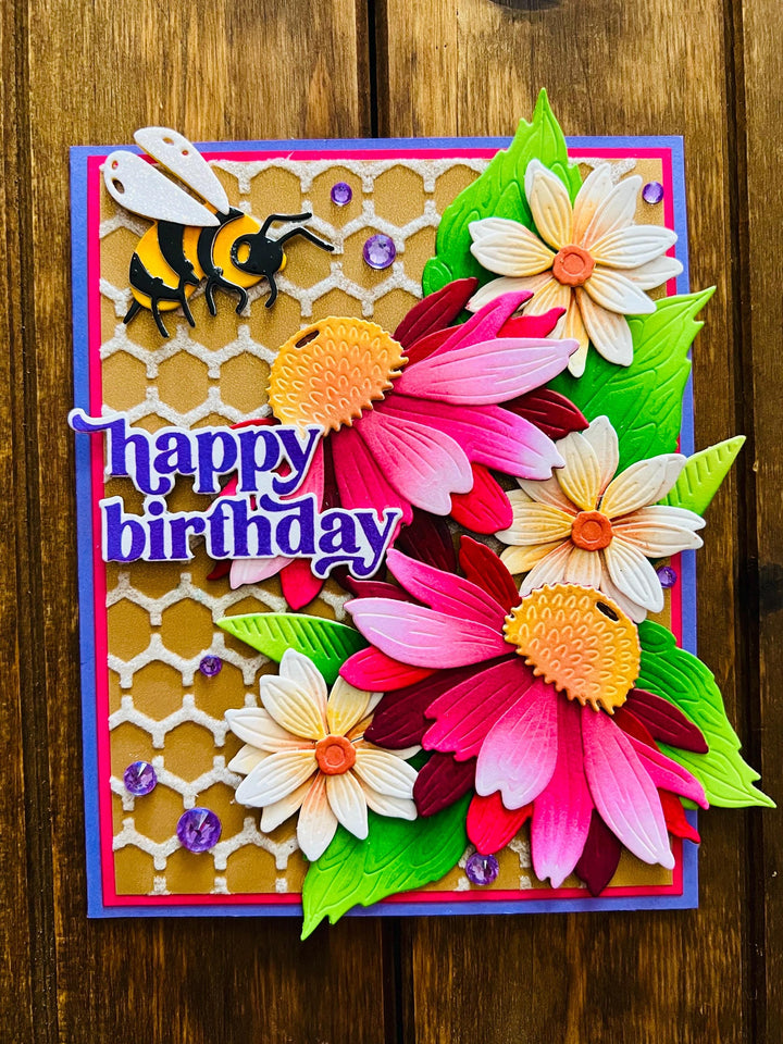 Magenta Coneflowers and Bee Happy Birthday Card