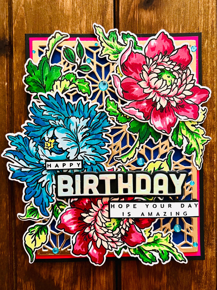 Teal and Magenta Floral Cluster Happy Birthday Amazing Day Birthday Card