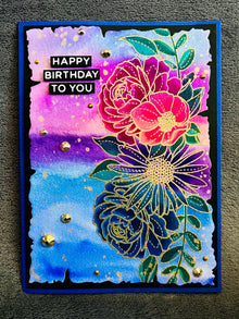 Watercolored Stylized Stitched Floral Cluster Happy Birthday To You Card