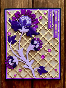 Purple Stylized Flower Stem Gold Trellis Background Happy Birthday Card