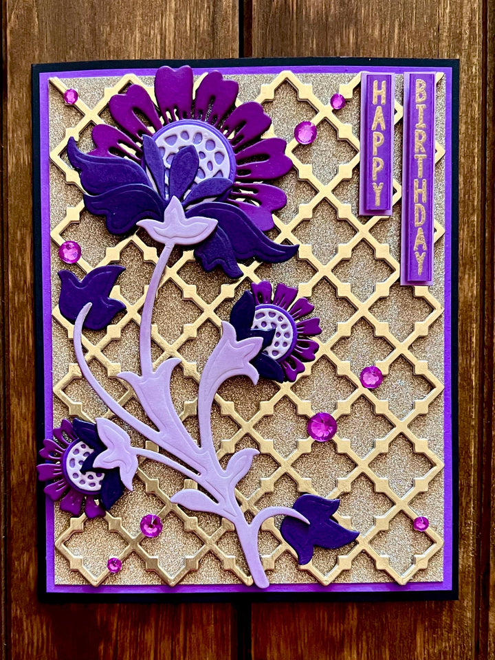 Purple Stylized Flower Stem Gold Trellis Background Happy Birthday Card