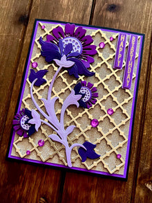 Purple Stylized Flower Stem Gold Trellis Background Happy Birthday Card