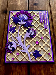 Purple Stylized Flower Stem Gold Trellis Background Happy Birthday Card