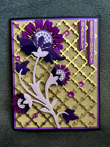 Purple Stylized Flower Stem Gold Trellis Background Happy Birthday Card