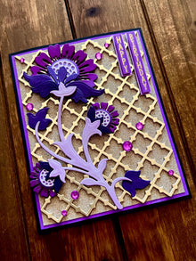 Purple Stylized Flower Stem Gold Trellis Background Happy Birthday Card