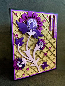 Purple Stylized Flower Stem Gold Trellis Background Happy Birthday Card