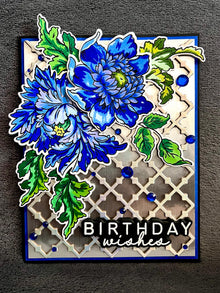 Elegant Blue Florals on Silver Trellis Birthday Wishes Card