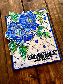 Elegant Blue Florals on Silver Trellis Birthday Wishes Card
