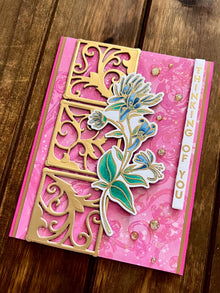 Blue Floral Vine with Gold Filigree Outline Squares Thinking of You Card