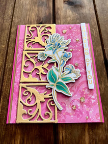 Blue Floral Vine with Gold Filigree Outline Squares Thinking of You Card