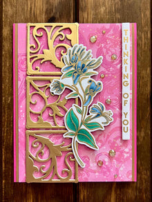 Blue Floral Vine with Gold Filigree Outline Squares Thinking of You Card