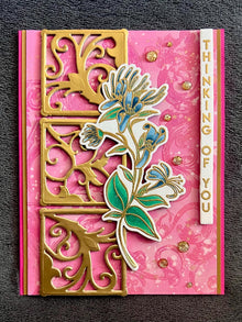 Blue Floral Vine with Gold Filigree Outline Squares Thinking of You Card