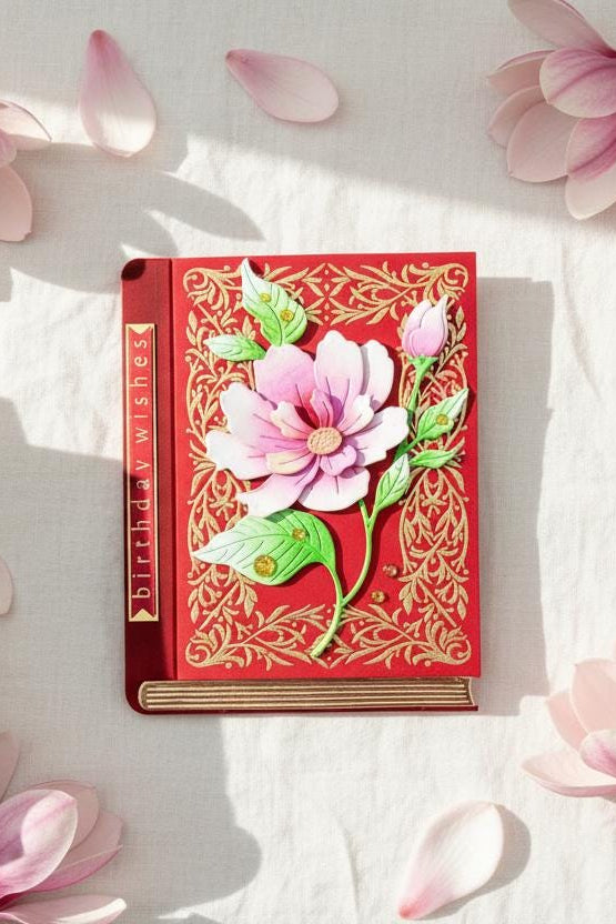 Red Book with Pink Magnolia Stem Birthday Wishes Card