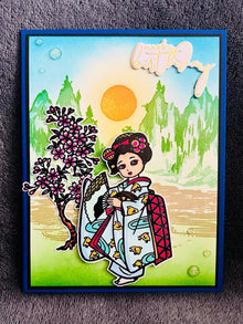 Kimono Girl Happy Birthday Card - Sakura Tree, Sparkle Gems