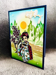 Kimono Girl Happy Birthday Card - Sakura Tree, Sparkle Gems