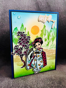 Kimono Girl Happy Birthday Card - Sakura Tree, Sparkle Gems