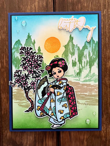 Kimono Girl Happy Birthday Card - Sakura Tree, Sparkle Gems
