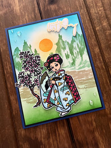 Kimono Girl Happy Birthday Card - Sakura Tree, Sparkle Gems