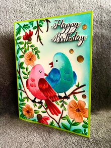 Red and Blue Bird Duo and Flower Branches Happy Birthday Card