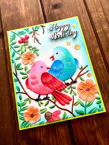 Red and Blue Bird Duo and Flower Branches Happy Birthday Card