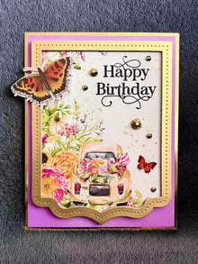 Yellow Beetle Car with Florals and Butterfly Ephemera Happy Birthday Card