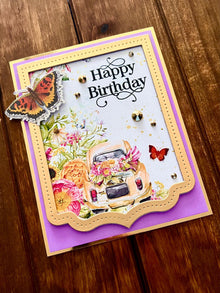 Yellow Beetle Car with Florals and Butterfly Ephemera Happy Birthday Card