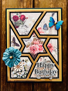 Vintage Florals Print Retiform Style Star Center Happy Birthday Card with Flower and Butterfly