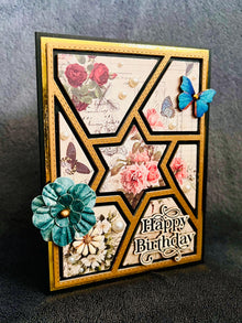 Vintage Florals Print Retiform Style Star Center Happy Birthday Card with Flower and Butterfly