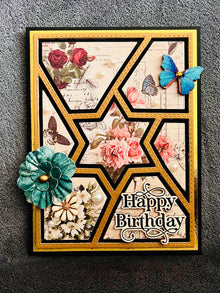 Vintage Florals Print Retiform Style Star Center Happy Birthday Card with Flower and Butterfly