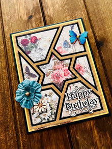 Vintage Florals Print Retiform Style Star Center Happy Birthday Card with Flower and Butterfly