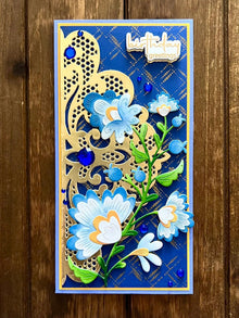 Whimsical Blue and Yellow Floral Spray and Gold Lace Doily Birthday Greetings Slimline Card
