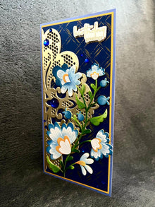 Whimsical Blue and Yellow Floral Spray and Gold Lace Doily Birthday Greetings Slimline Card