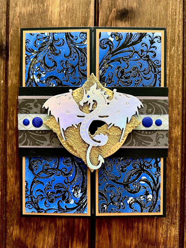 Silver Dragon Gold Diamond Shaped Emblem Medallion and Blue Filigree Scrollwork Gatefold Blank Card