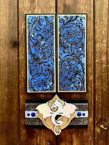 Silver Dragon Gold Diamond Shaped Emblem Medallion and Blue Filigree Scrollwork Gatefold Blank Card