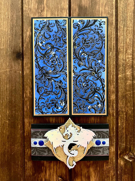 Silver Dragon Gold Diamond Shaped Emblem Medallion and Blue Filigree Scrollwork Gatefold Blank Card