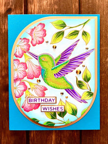 Green and Purple Hummingbird and Trumpet Vine Florals Birthday Wishes Card