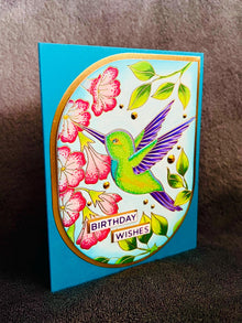 Green and Purple Hummingbird and Trumpet Vine Florals Birthday Wishes Card
