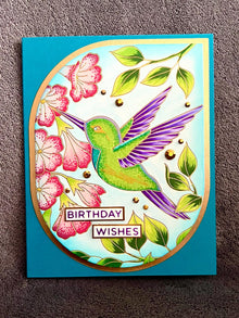 Green and Purple Hummingbird and Trumpet Vine Florals Birthday Wishes Card