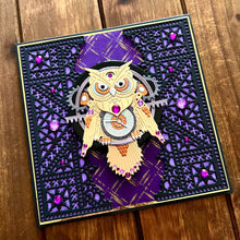 Steampunk Gold Owl Purple Background with Detailed Black Gates Blank Card